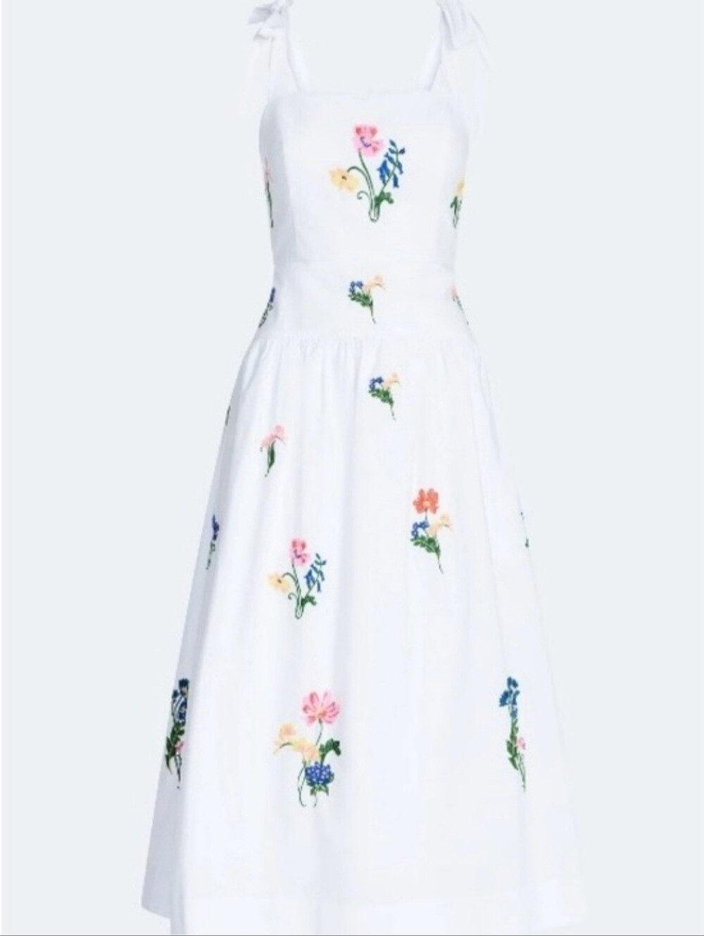 White Floral Embroidered Tie-Shoulder Cotton Dress